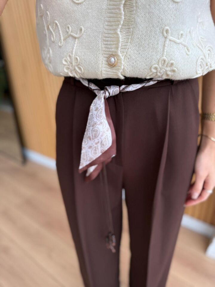 FULAR KEMERLİ KUMAŞ PANTOLON - KAHVERENGİ