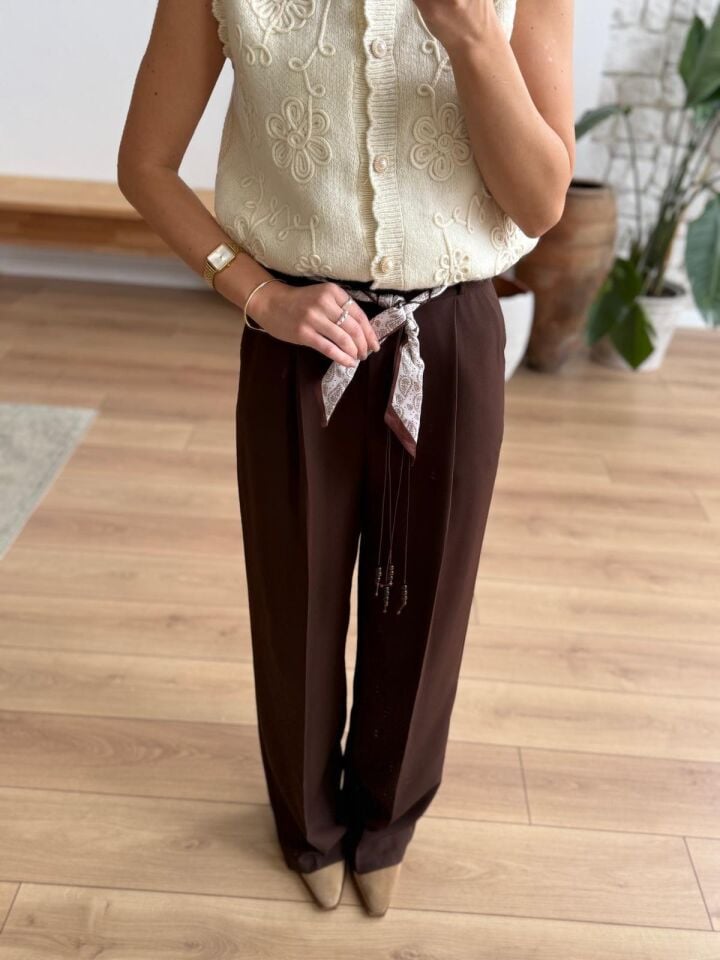 FULAR KEMERLİ KUMAŞ PANTOLON - KAHVERENGİ
