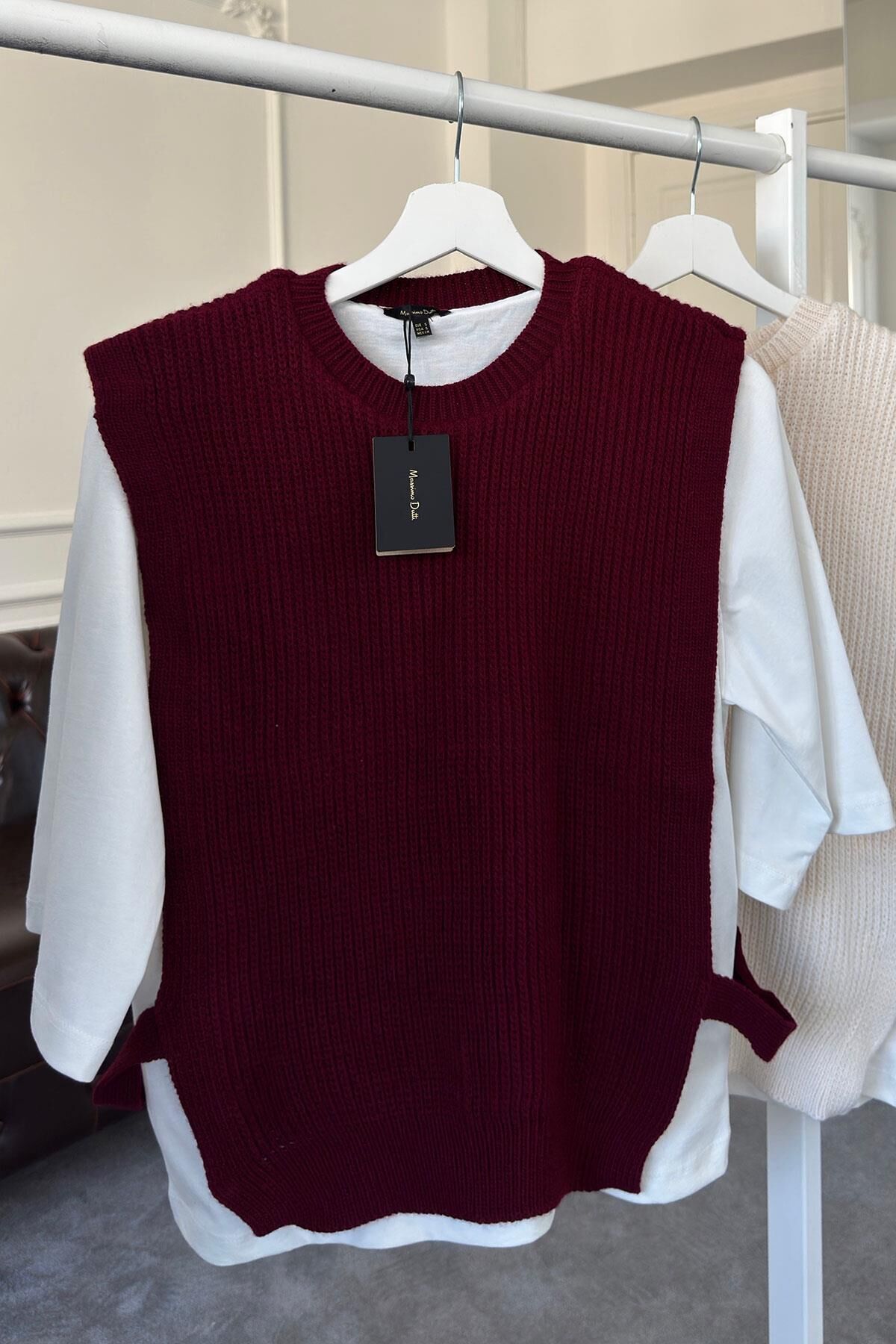 TRİKO DETAY TSHIRT- BORDO