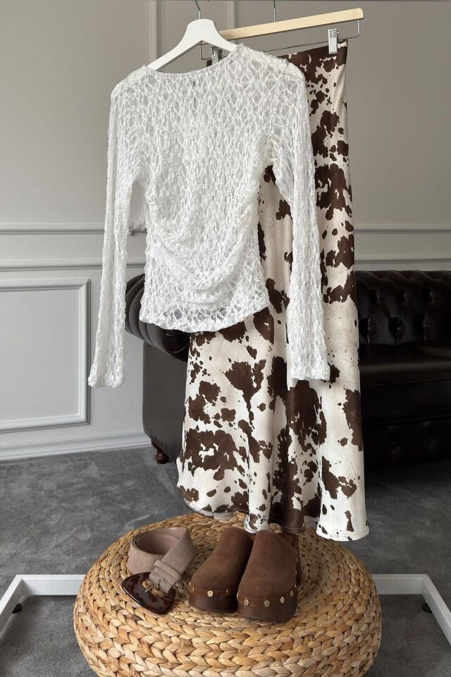 BENEKLİ TASARIM SATEN ETEK - KAHVERENGİ