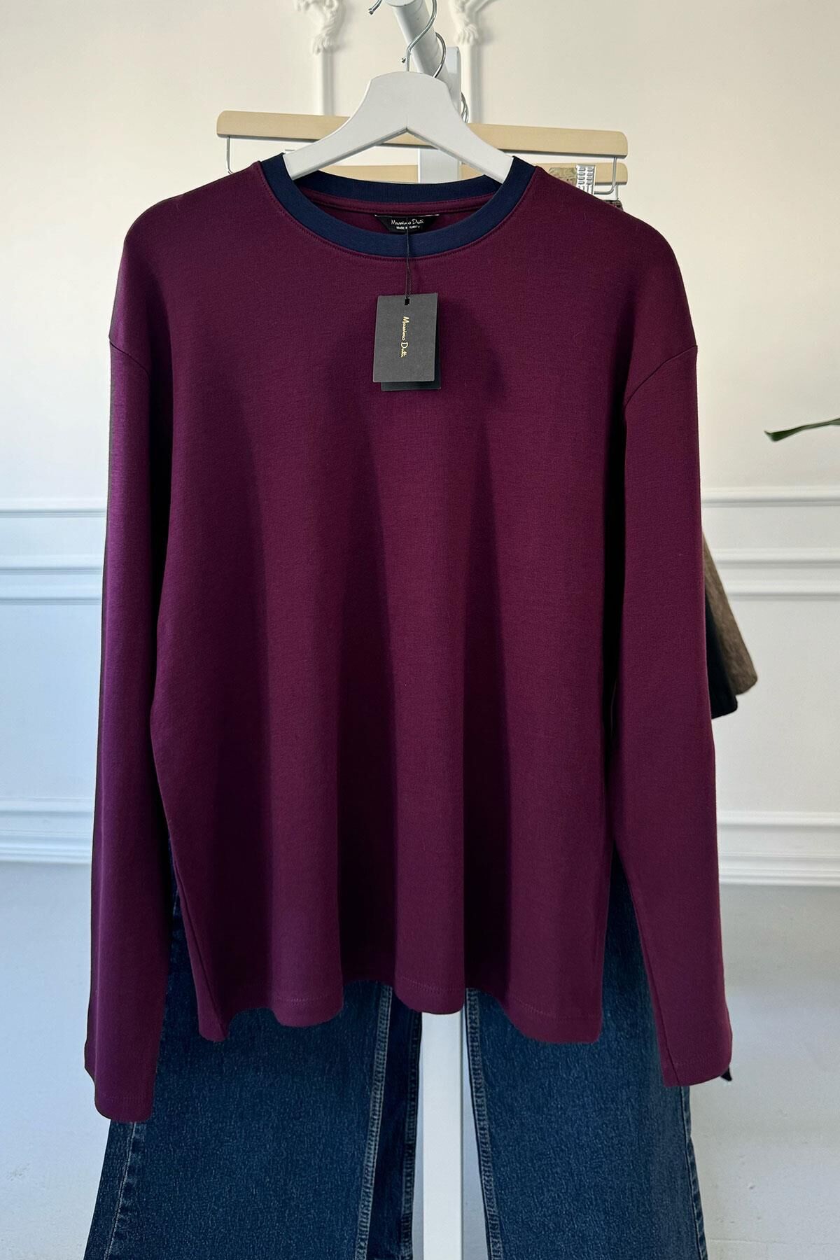 İKİ RENKLİ ORİJİNAL UZUN KOLLU T-SHIRT - BORDO
