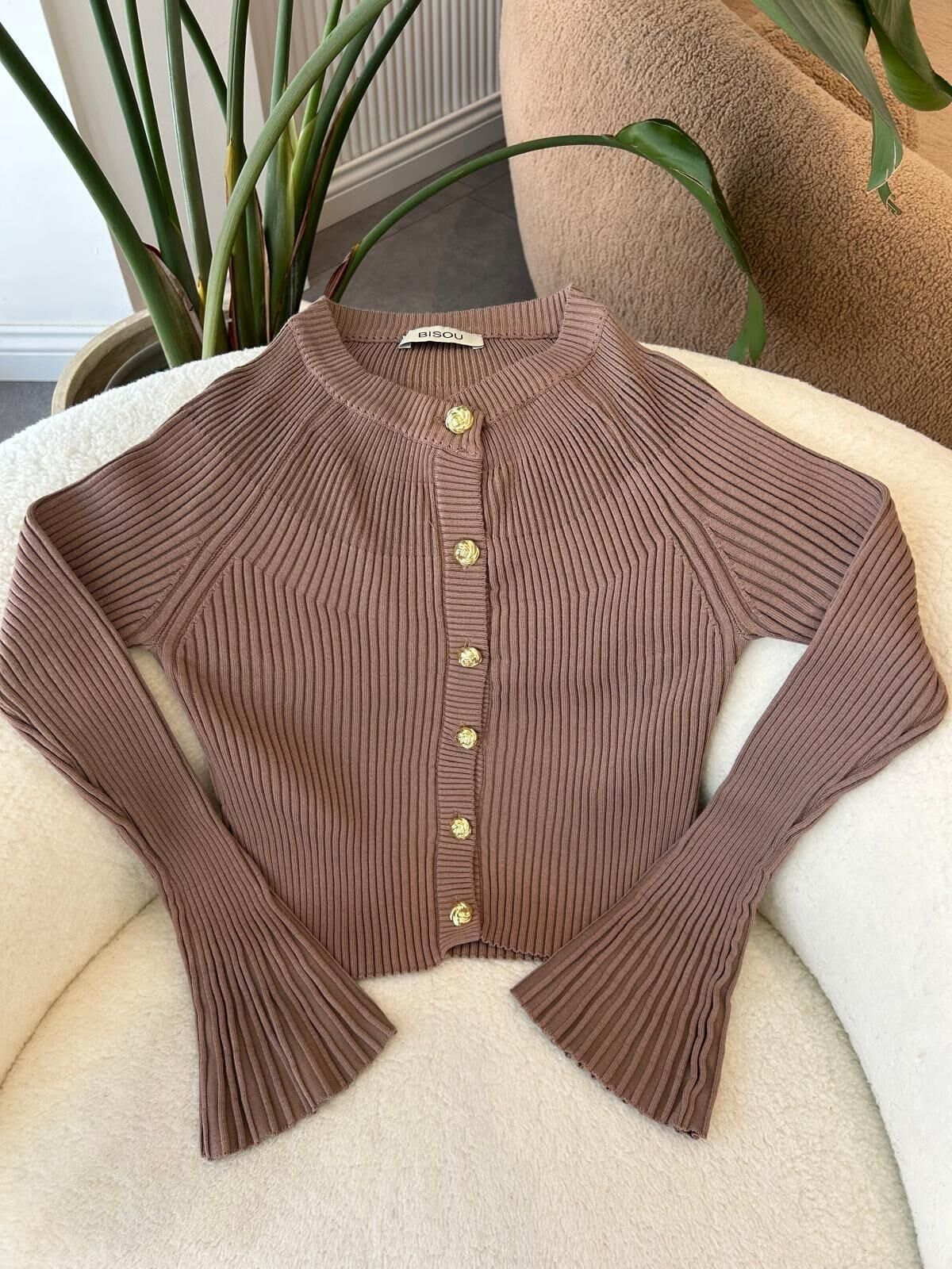 DÜĞME DETAYLI İSPANYOL KOL TRİKO - VİZON