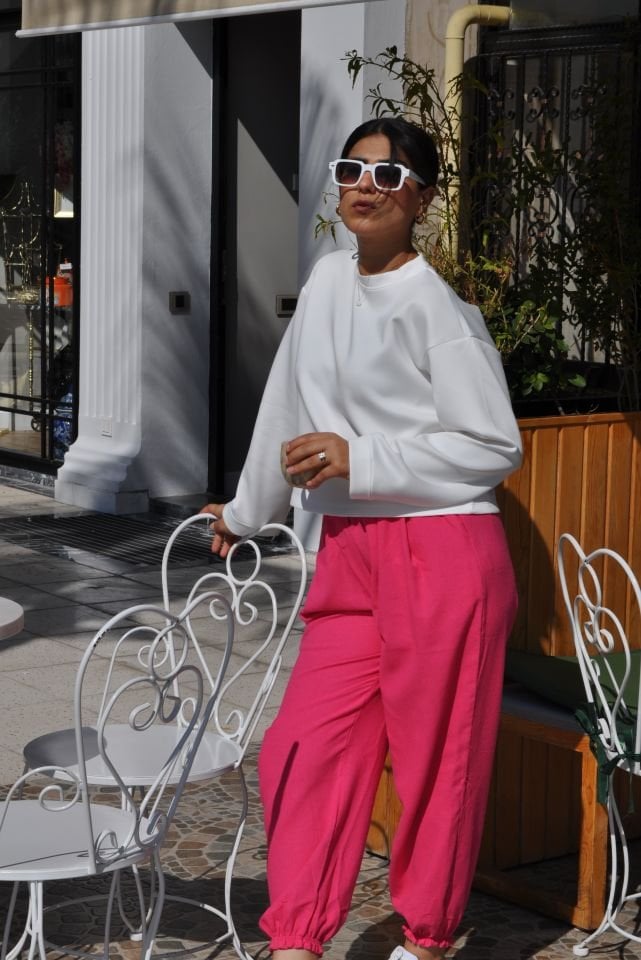 PAÇALARI LASTİKLİ KETEN PANTOLON - PEMBE