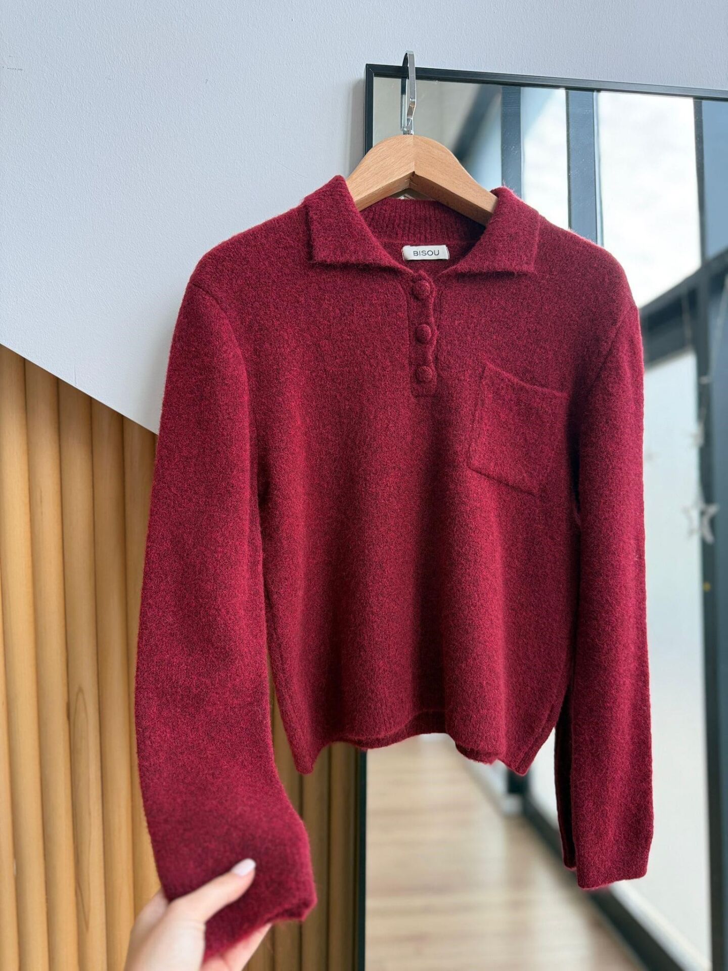 KAPLAMA DÜĞME DETAYLI POLO YAKA KAZAK - BORDO