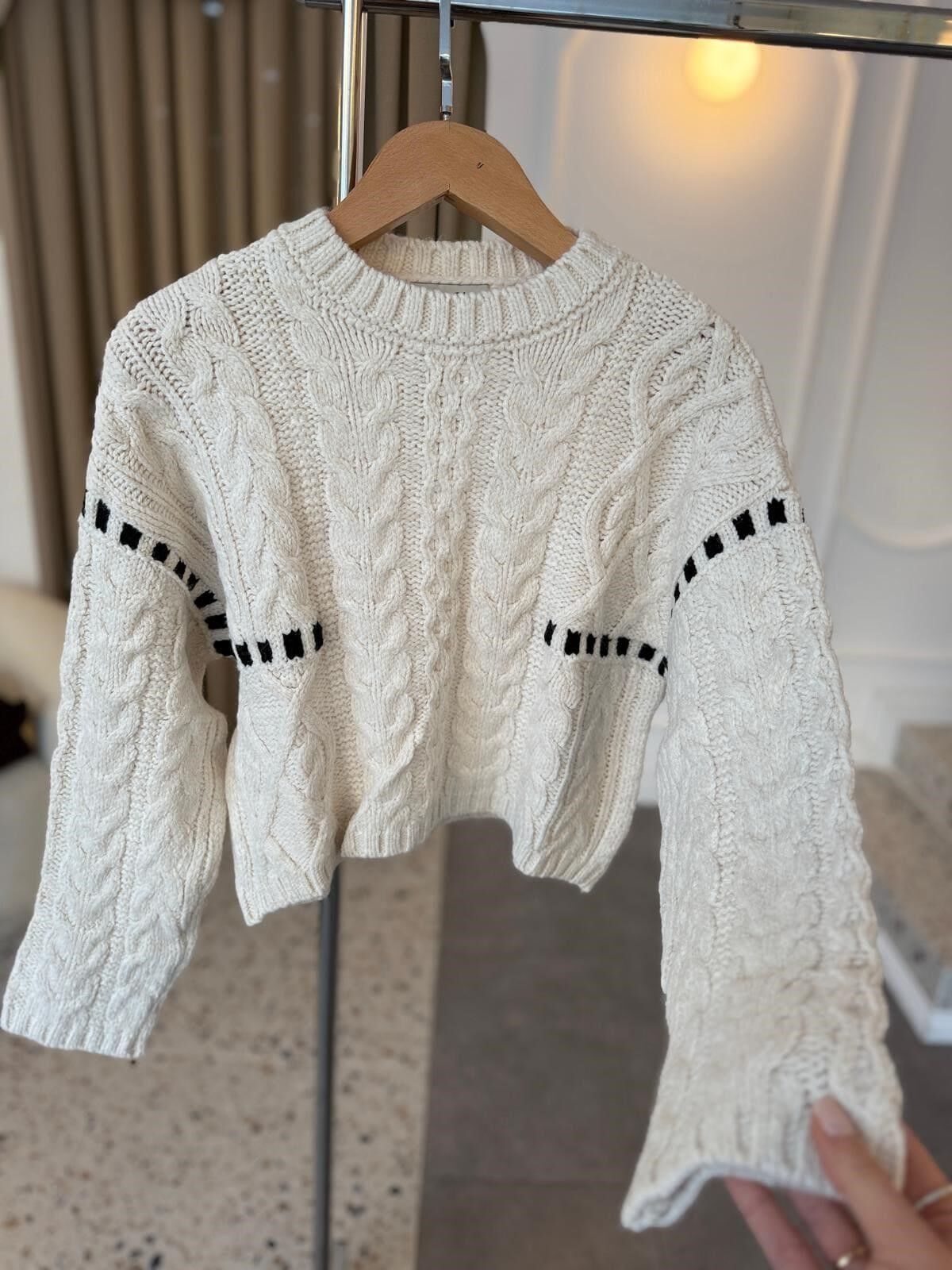 ÖRGÜ ŞERİTLİ KAZAK - EKRU