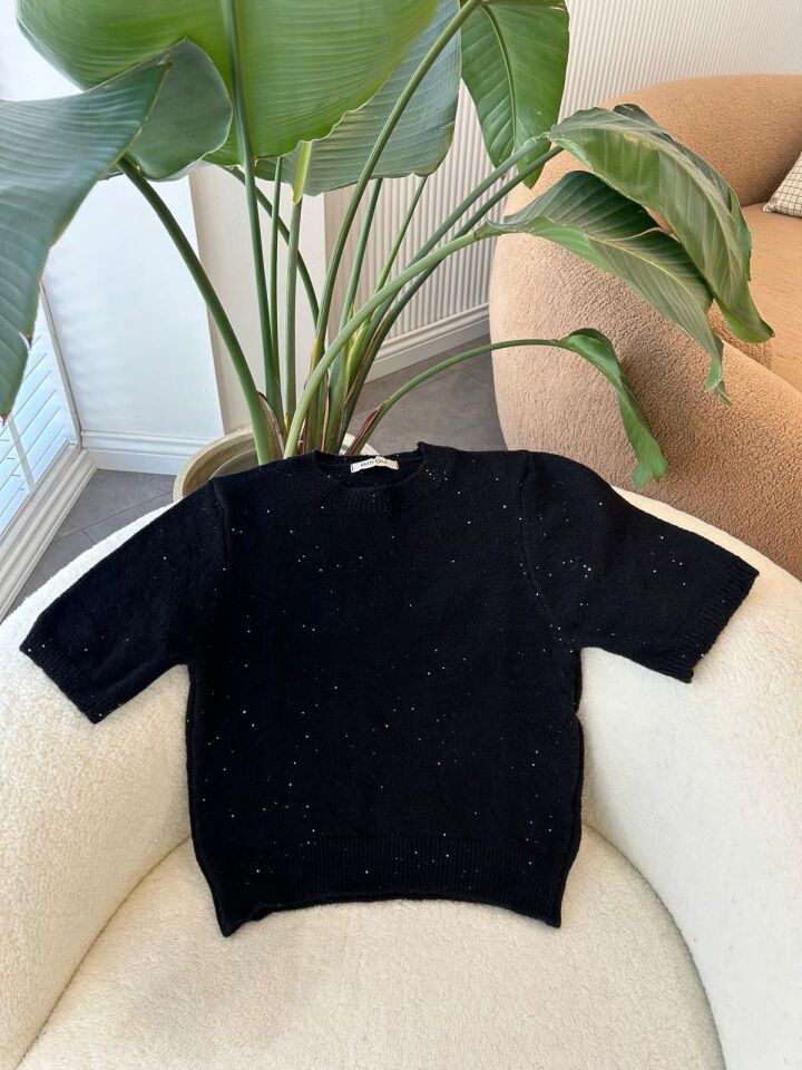 KISA KOLLU PARILTILI TRİKO KAZAK -  SİYAH