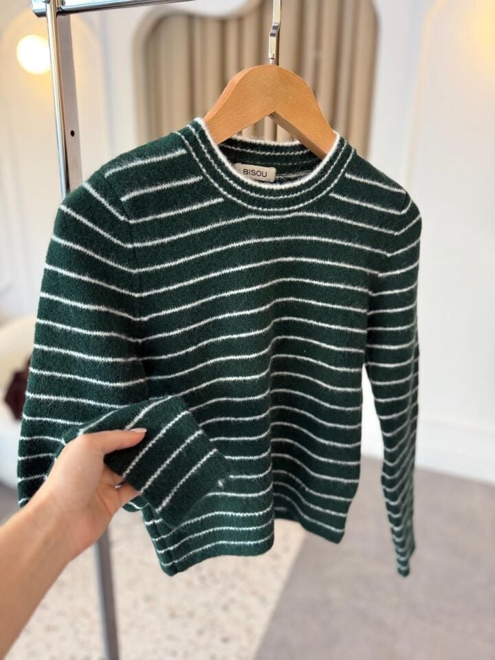 BİSİKLET YAKA ÇİZGİLİ KAZAK - ZÜMRÜT YEŞİLİ