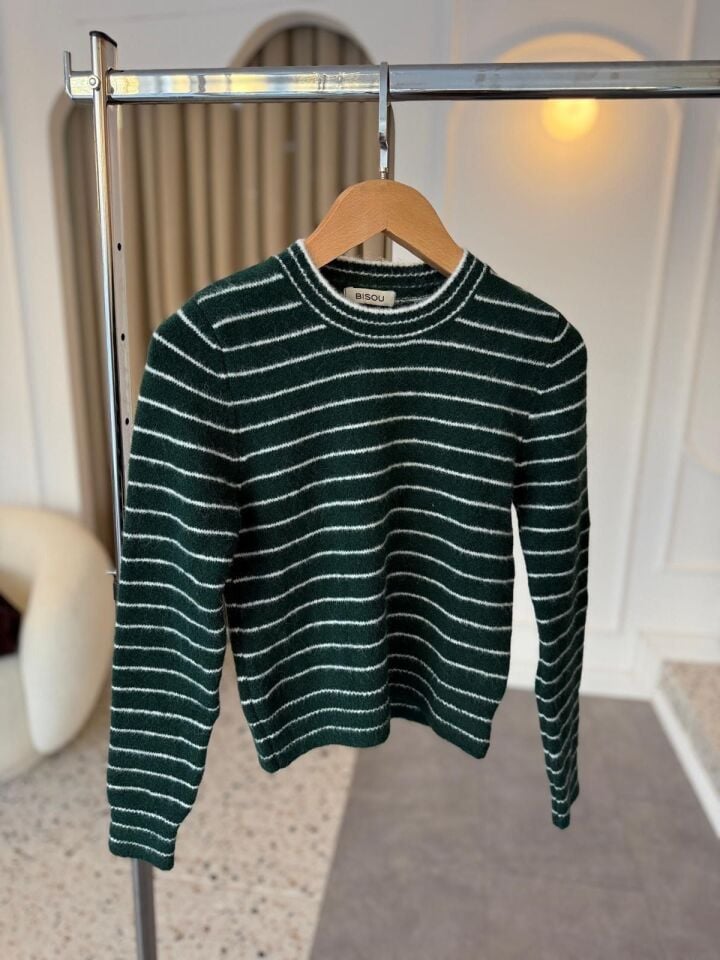 BİSİKLET YAKA ÇİZGİLİ KAZAK - ZÜMRÜT YEŞİLİ