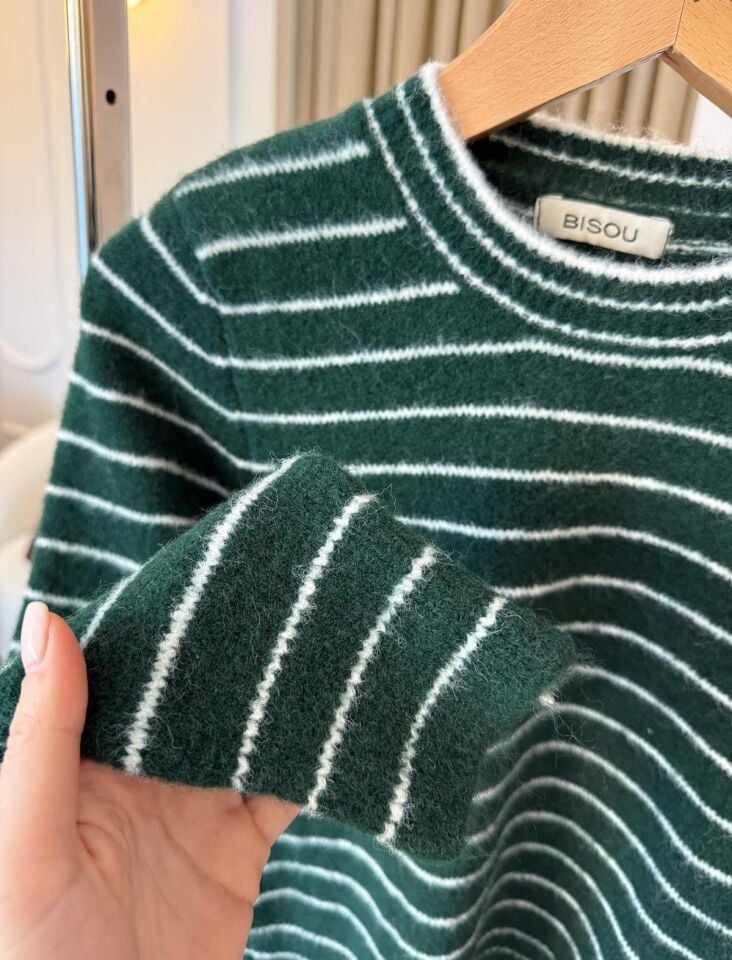 BİSİKLET YAKA ÇİZGİLİ KAZAK - ZÜMRÜT YEŞİLİ