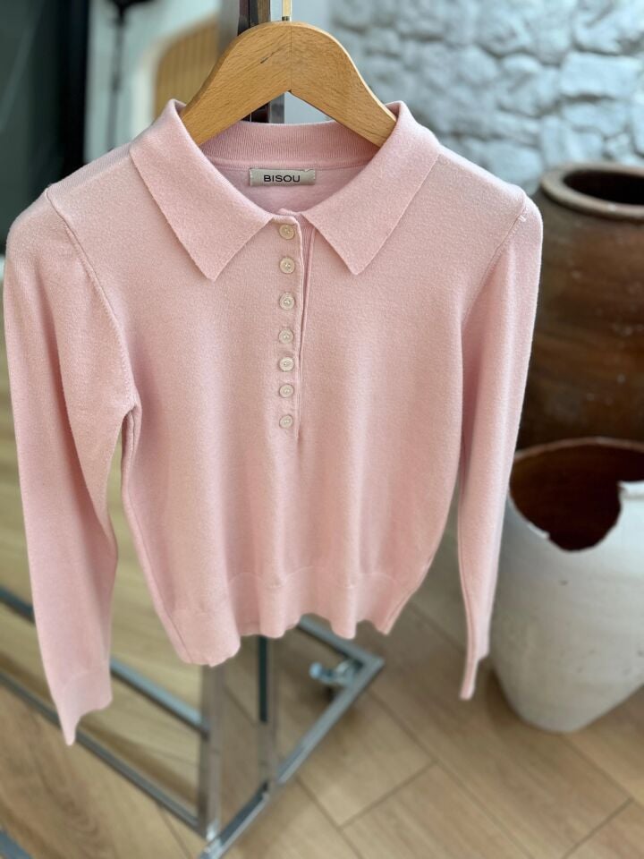 POLO YAKA DÜĞMELİ TRİKO - PEMBE