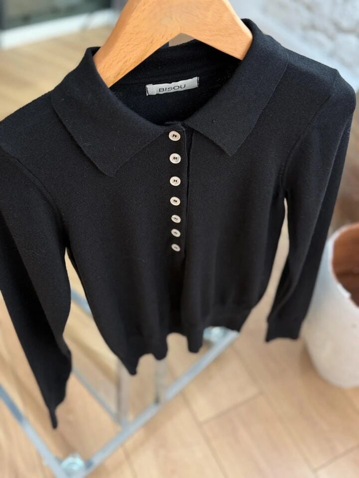 POLO YAKA DÜĞMELİ TRİKO - SİYAH