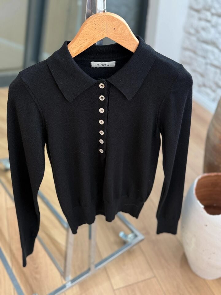 POLO YAKA DÜĞMELİ TRİKO - SİYAH