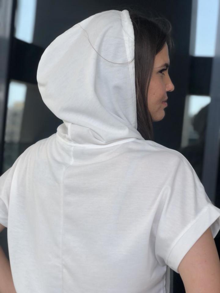 KISA KOL KAPÜŞONLU SWEATSHİRT - BEYAZ