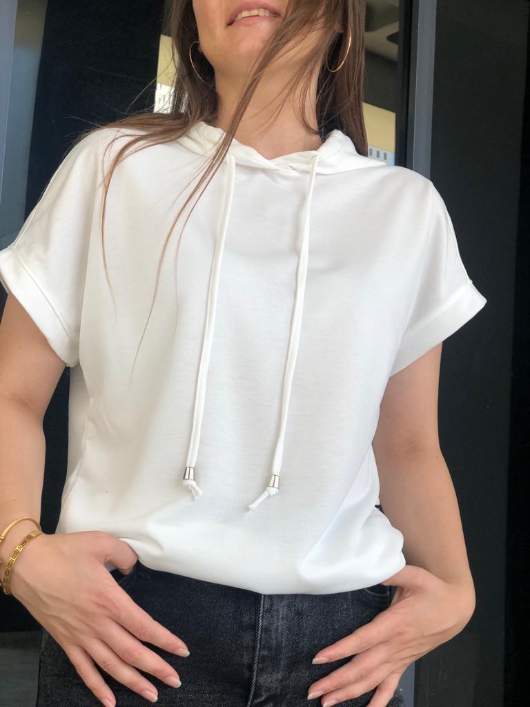 KISA KOL KAPÜŞONLU SWEATSHİRT - BEYAZ
