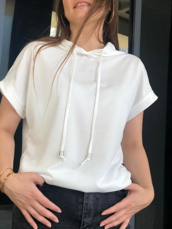 KISA KOL KAPÜŞONLU SWEATSHİRT - BEYAZ
