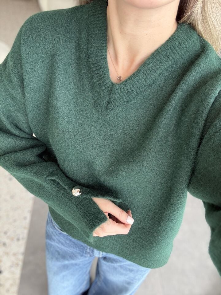 V YAKA KOLU DÜĞMELİ KAZAK -  ZÜMRÜT YEŞİLİ