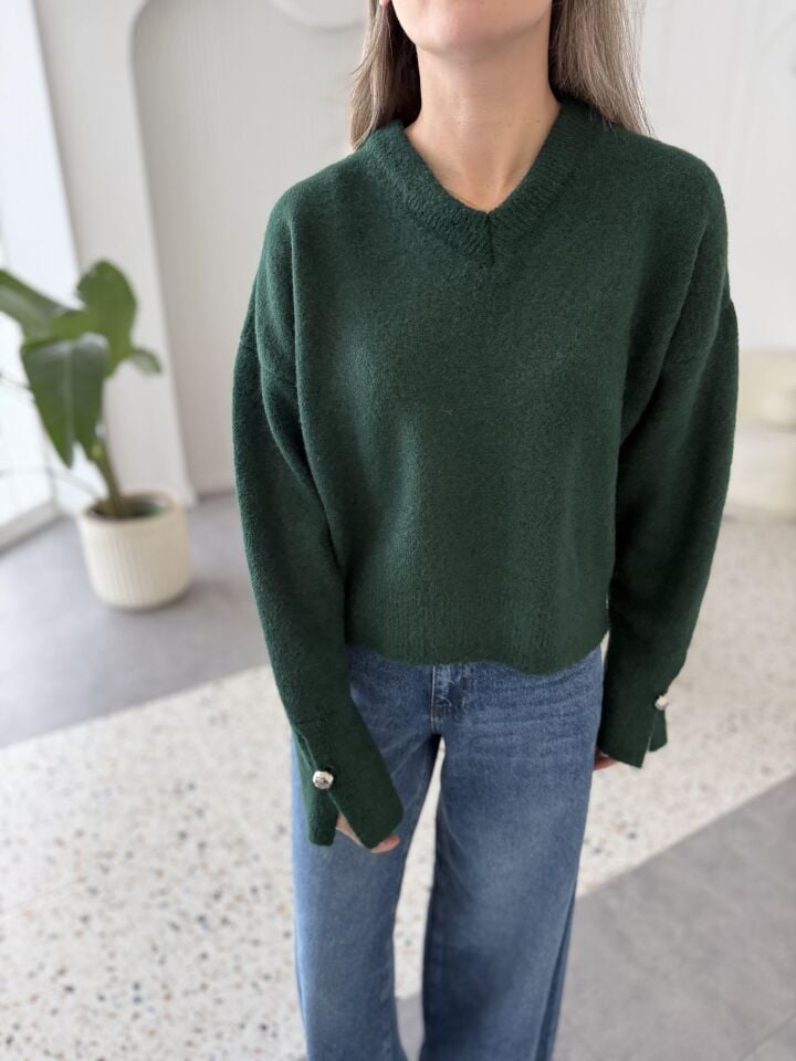 V YAKA KOLU DÜĞMELİ KAZAK -  ZÜMRÜT YEŞİLİ