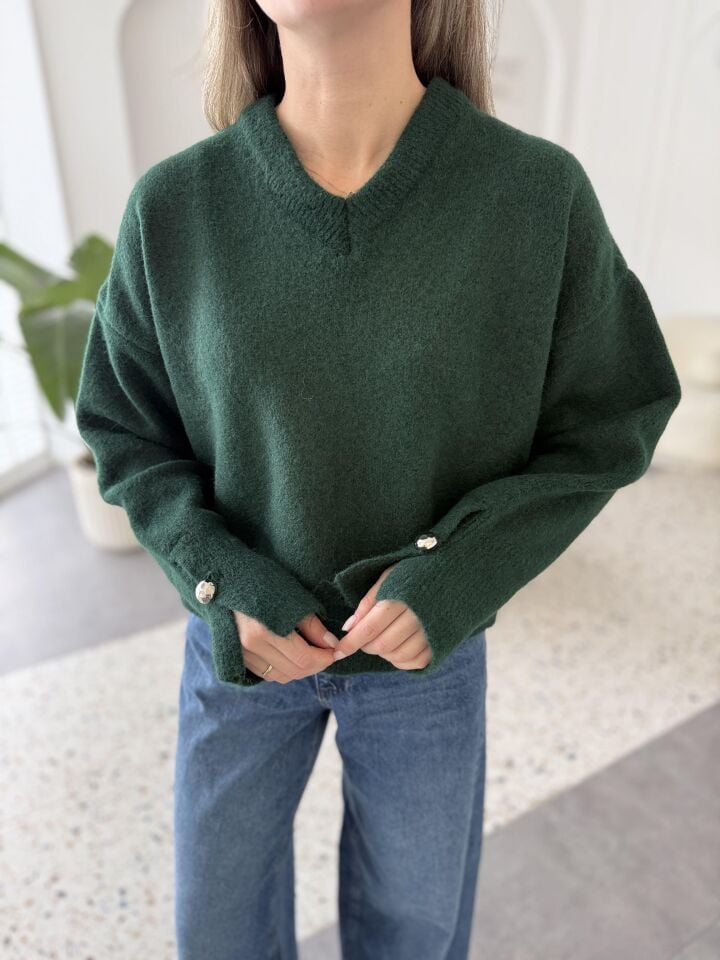 V YAKA KOLU DÜĞMELİ KAZAK -  ZÜMRÜT YEŞİLİ