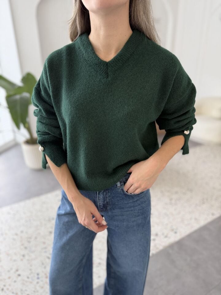 V YAKA KOLU DÜĞMELİ KAZAK -  ZÜMRÜT YEŞİLİ