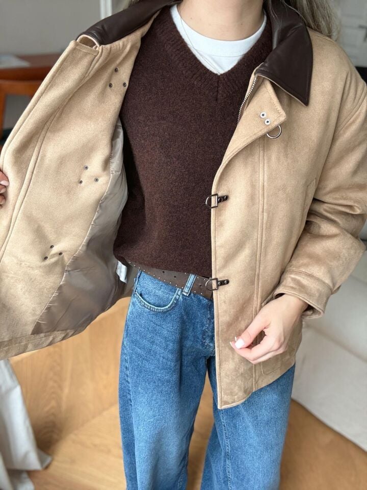 DERİ YAKALI KABAN - BEJ