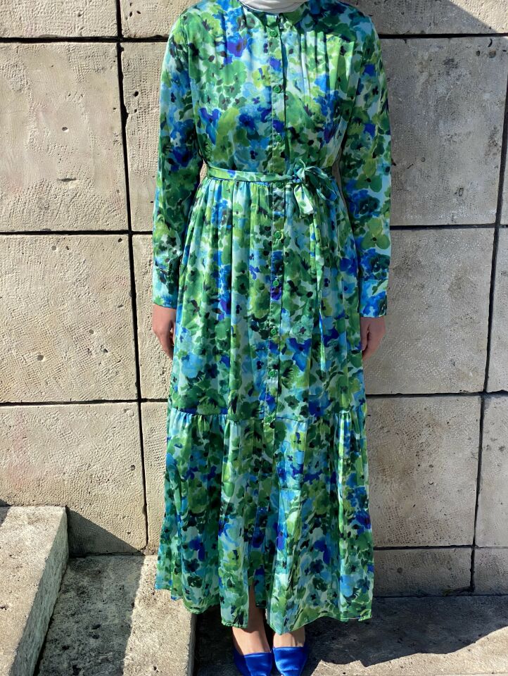 SATEN YEŞİL ÇİÇEKLİ ELBİSE