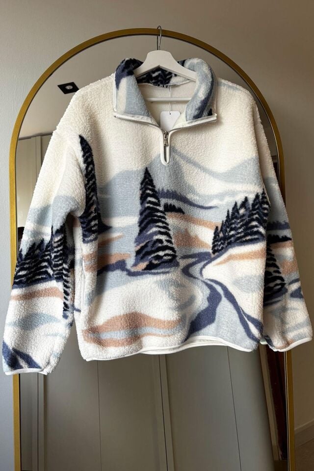 GEYİK DESEN FERMUARLI POLAR SWEATSHIRT - MAVİ