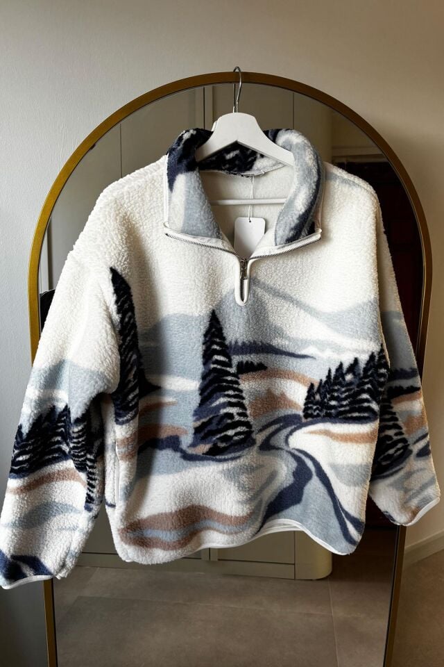 GEYİK DESEN FERMUARLI POLAR SWEATSHIRT - MAVİ