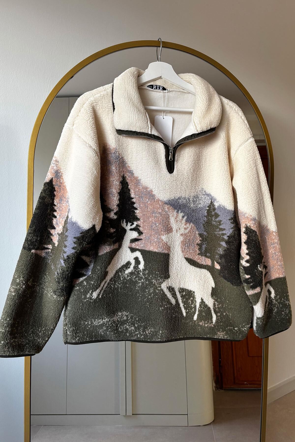 GEYİK DESEN FERMUARLI POLAR SWEATSHIRT - EKRU