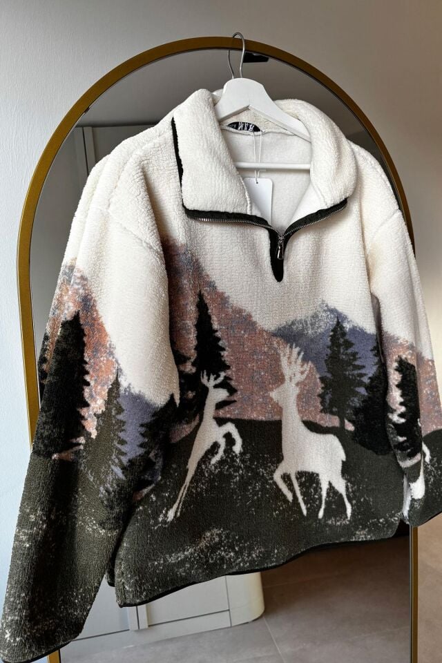 GEYİK DESEN FERMUARLI POLAR SWEATSHIRT - EKRU
