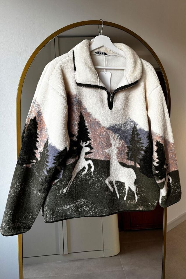 GEYİK DESEN FERMUARLI POLAR SWEATSHIRT - EKRU