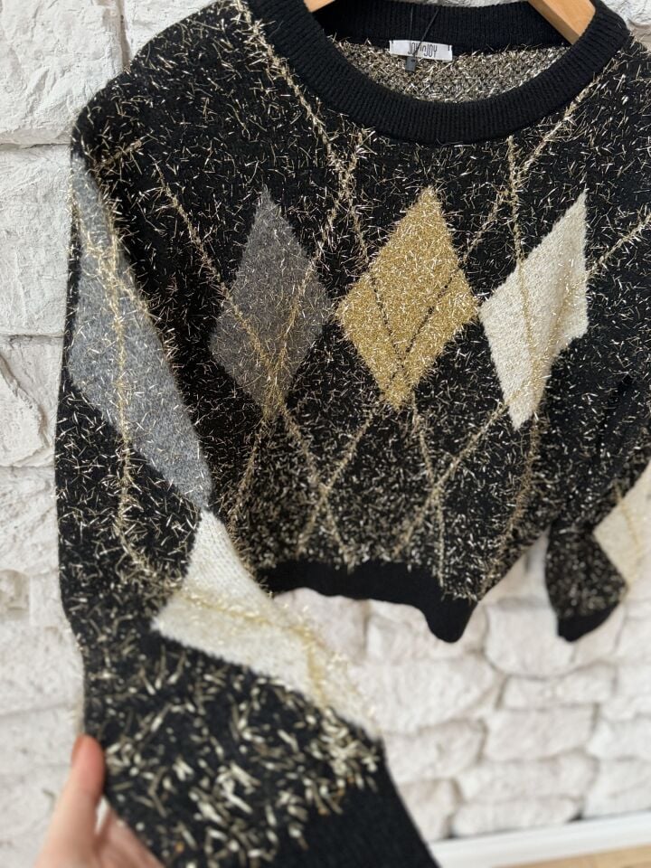 SİMLİ İP BAKLAVA DESEN KAZAK - SİYAH