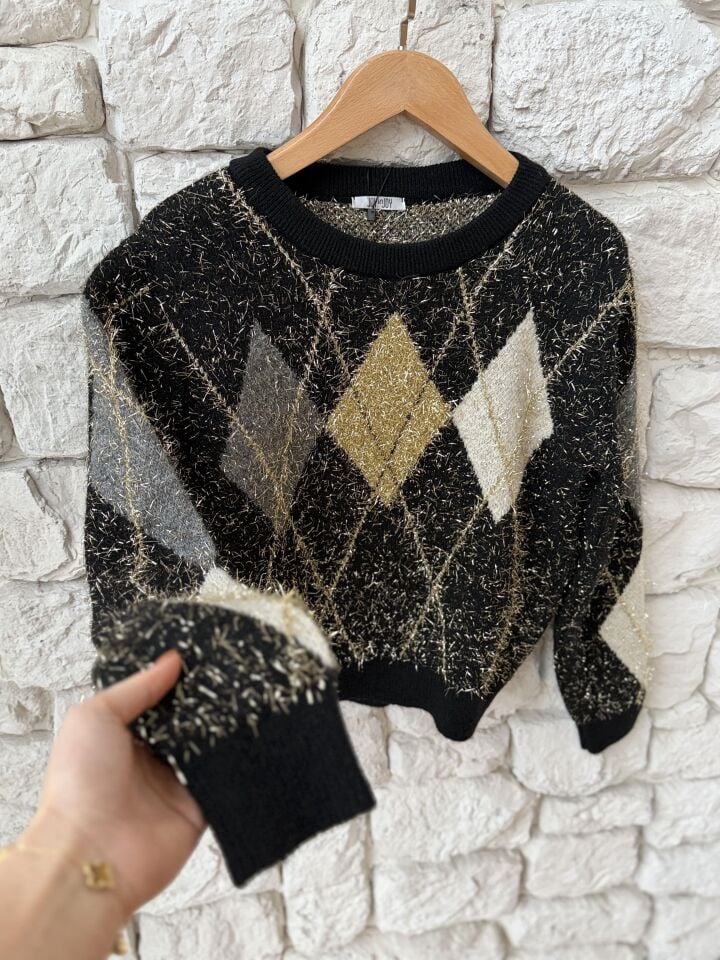 SİMLİ İP BAKLAVA DESEN KAZAK - SİYAH