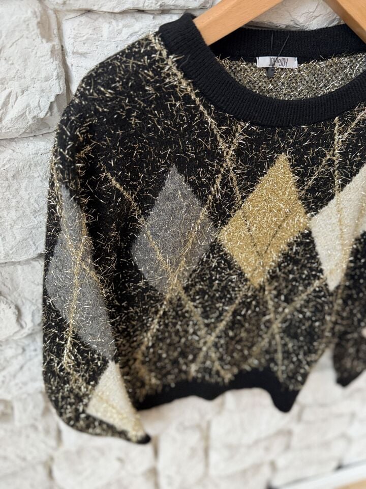 SİMLİ İP BAKLAVA DESEN KAZAK - SİYAH