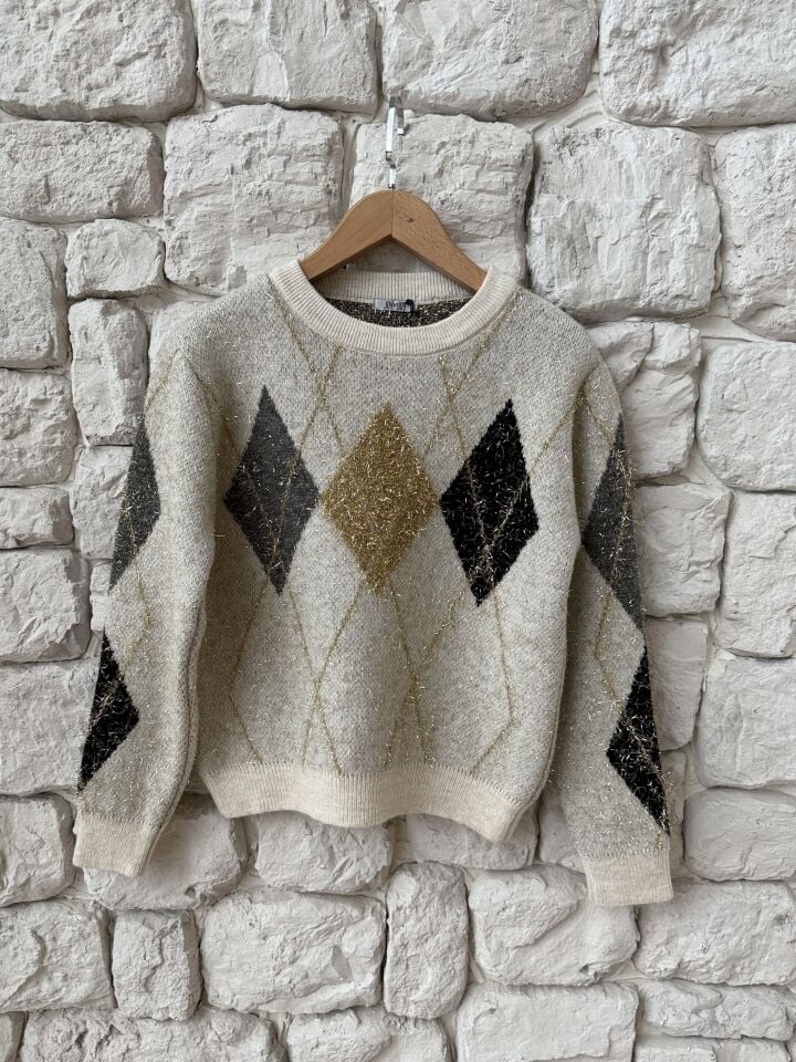 SİMLİ İP BAKLAVA DESEN KAZAK -  EKRU