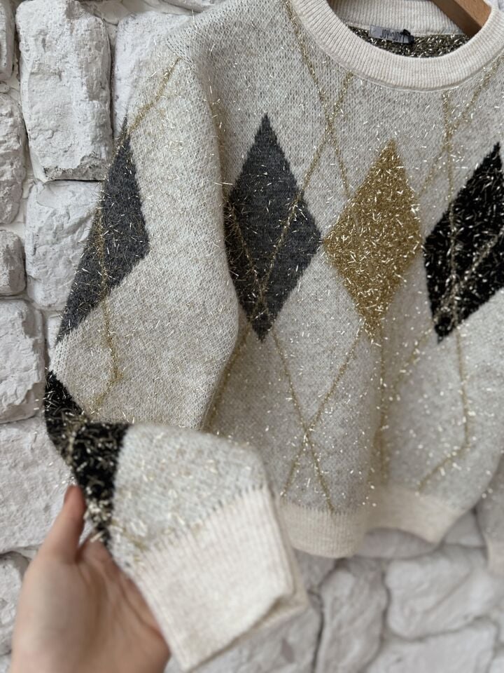 SİMLİ İP BAKLAVA DESEN KAZAK -  EKRU