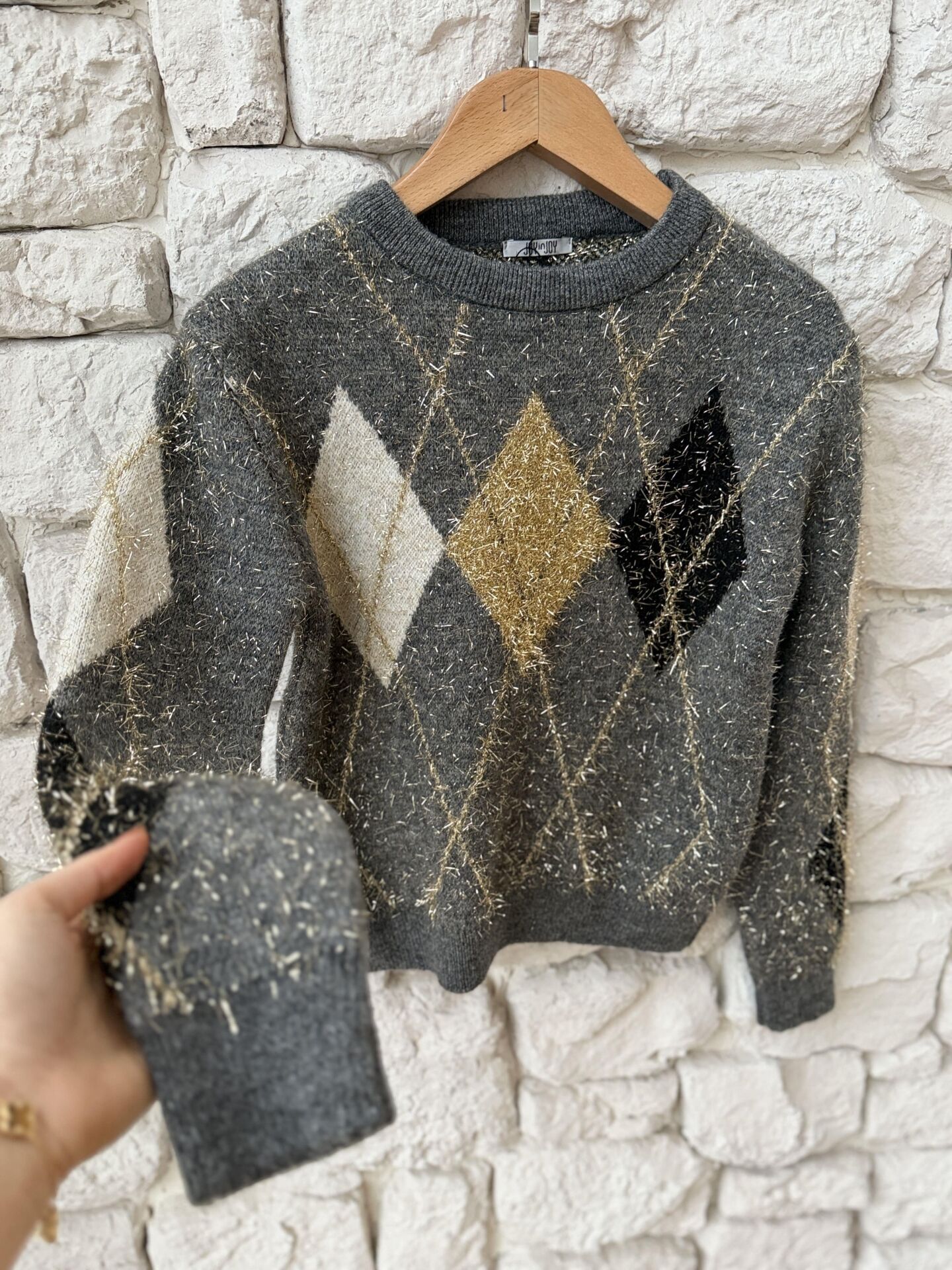 SİMLİ İP BAKLAVA DESEN KAZAK - GRİ