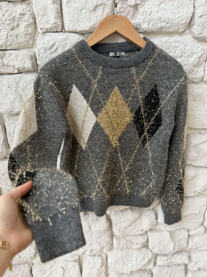 SİMLİ İP BAKLAVA DESEN KAZAK - GRİ