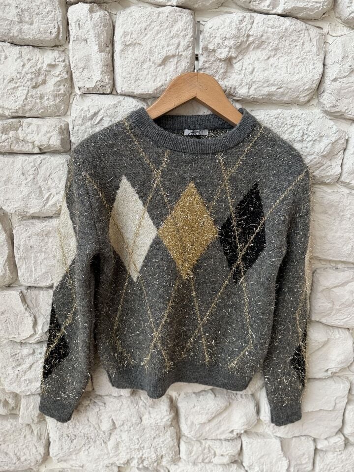 SİMLİ İP BAKLAVA DESEN KAZAK - GRİ