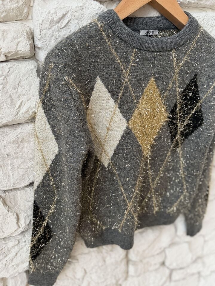 SİMLİ İP BAKLAVA DESEN KAZAK - GRİ