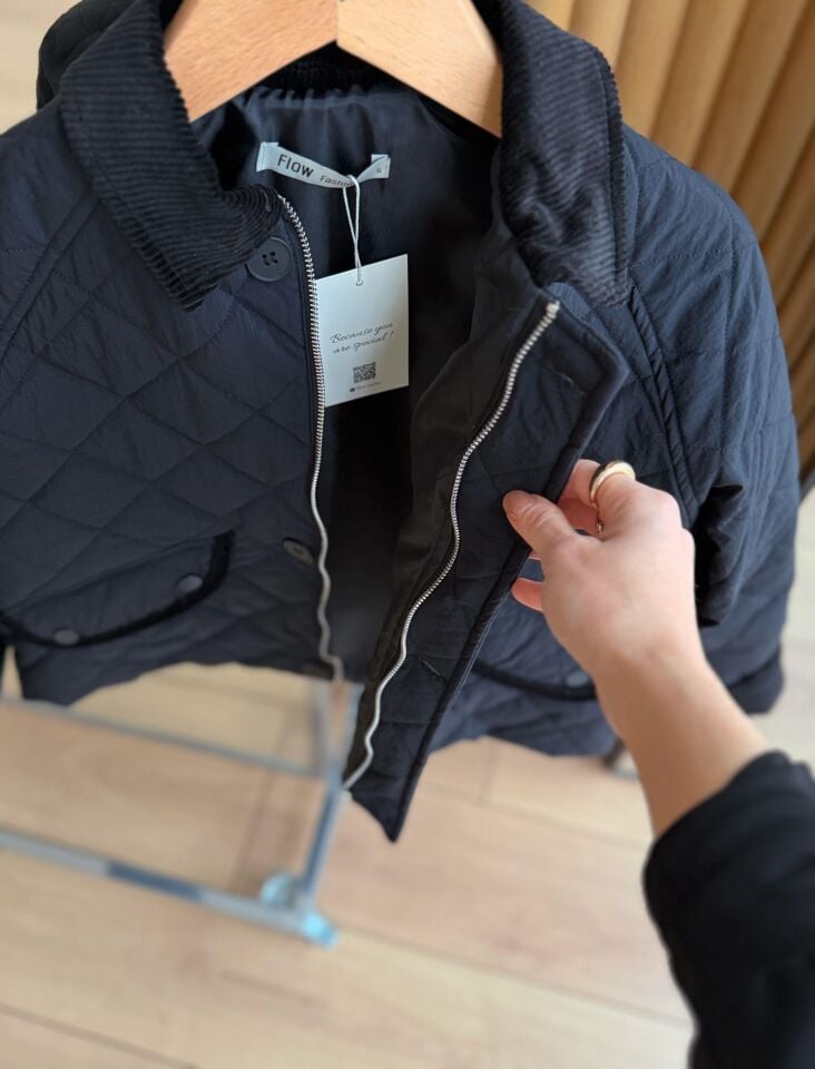 KADİFE DETAYLI KAPİTONE MONT - SİYAH