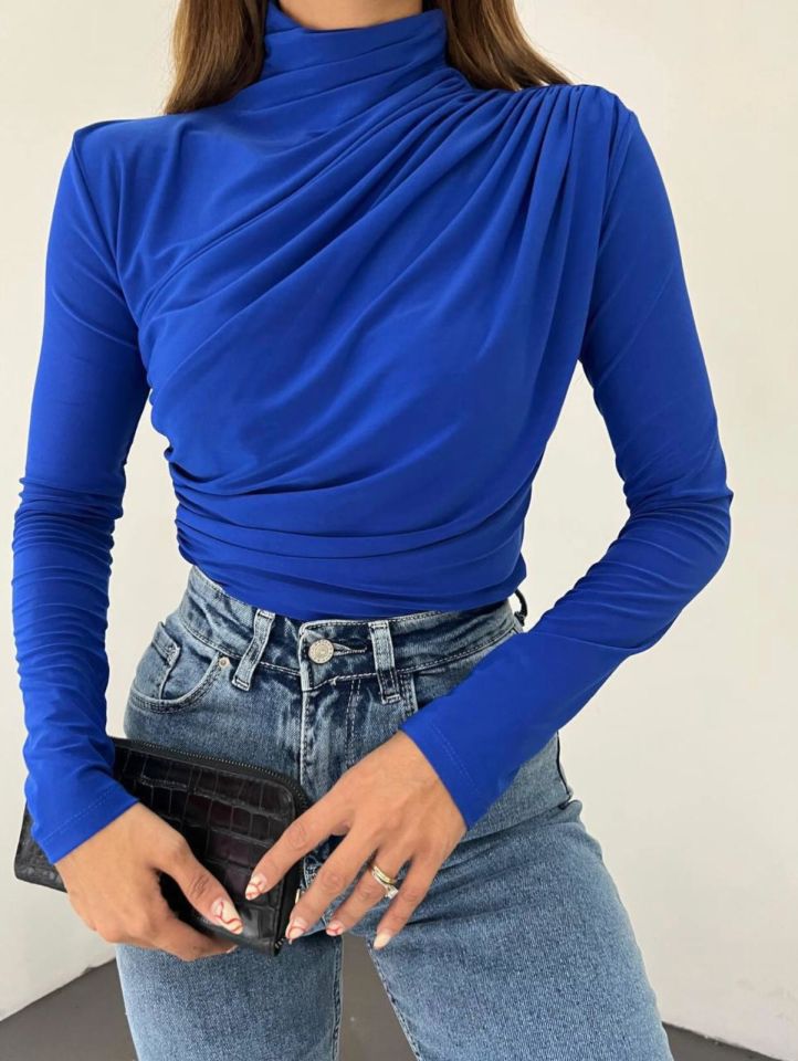 SAKS MAVİSİ BOĞAZLI TASARIM BLUZ
