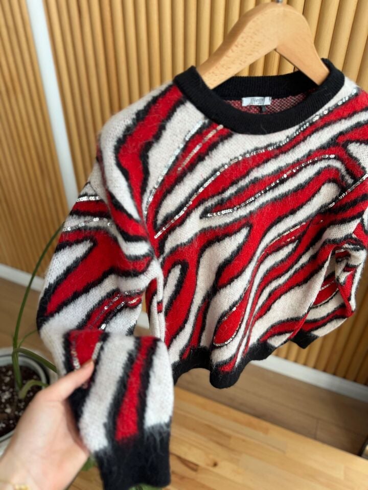 ANİTA PUL İŞLEMELİ DESENLİ TRİKO KAZAK - KIRMIZI