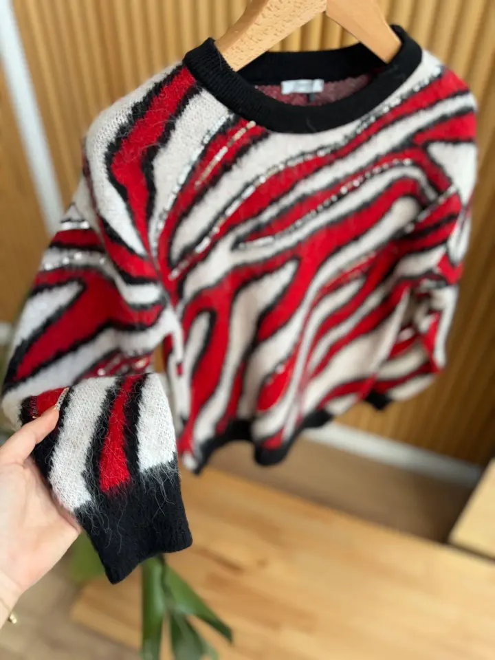 ANİTA PUL İŞLEMELİ DESENLİ TRİKO KAZAK - KIRMIZI