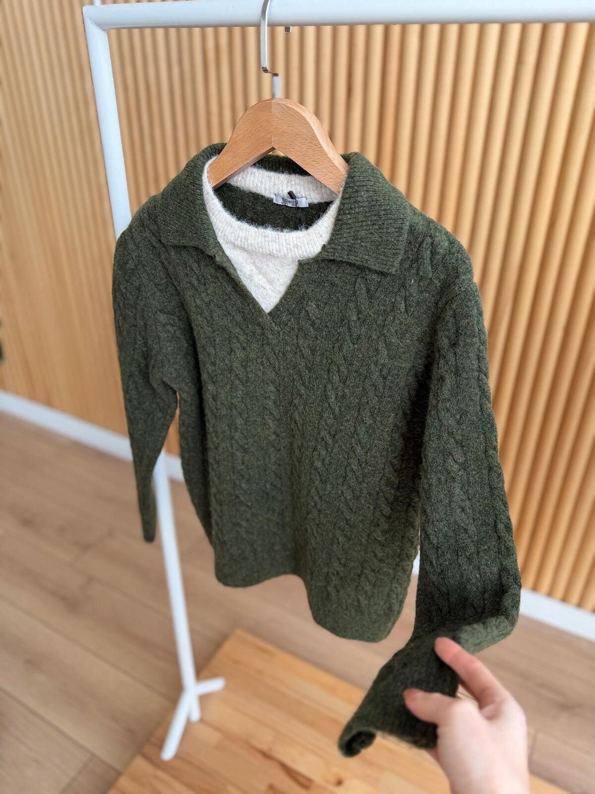 YAKA DETAYLI SAÇ ÖRGÜLÜ - HAKİ