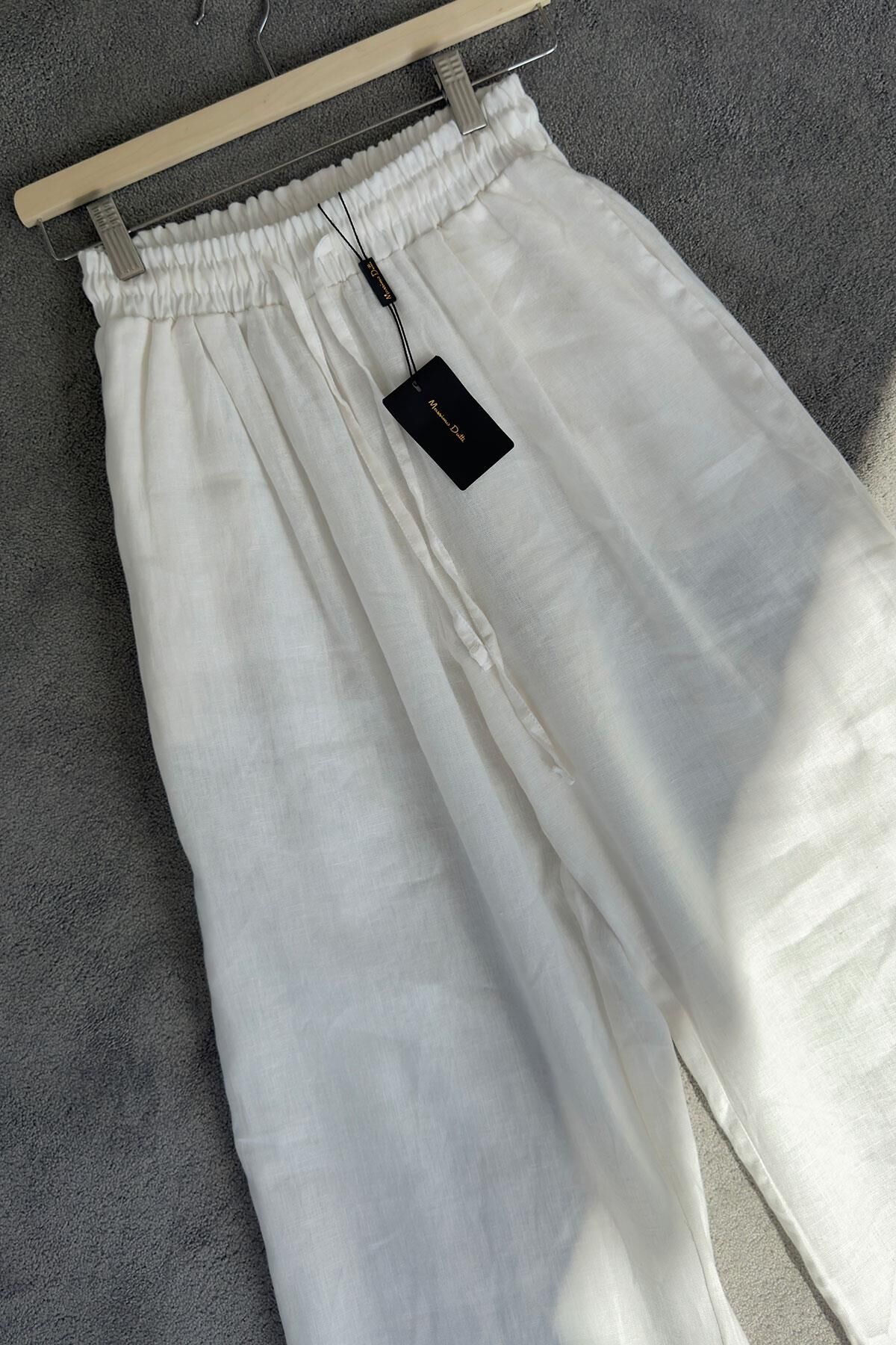 BELİ LASTİKLİ ORJ. KETEN PANTOLON - BEYAZ