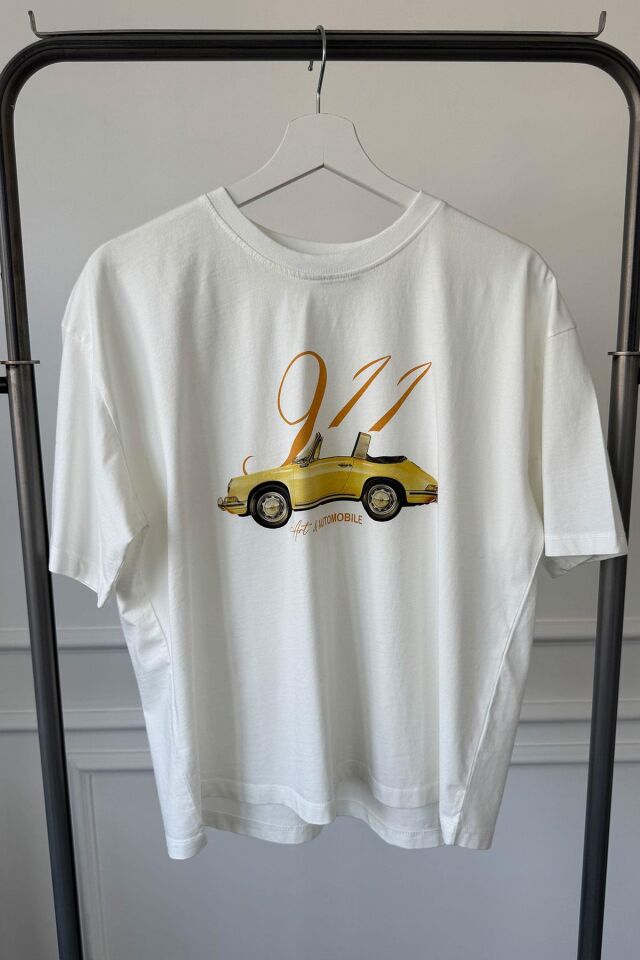 OTOMOBİL BASKILI OVERSIZE T-SHIRT - BEYAZ