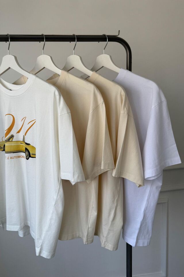 OTOMOBİL BASKILI OVERSIZE T-SHIRT - BEYAZ