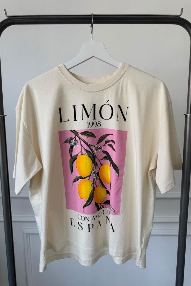 LİMON BASKILI OVERSIZE T-SHIRT - BEJ