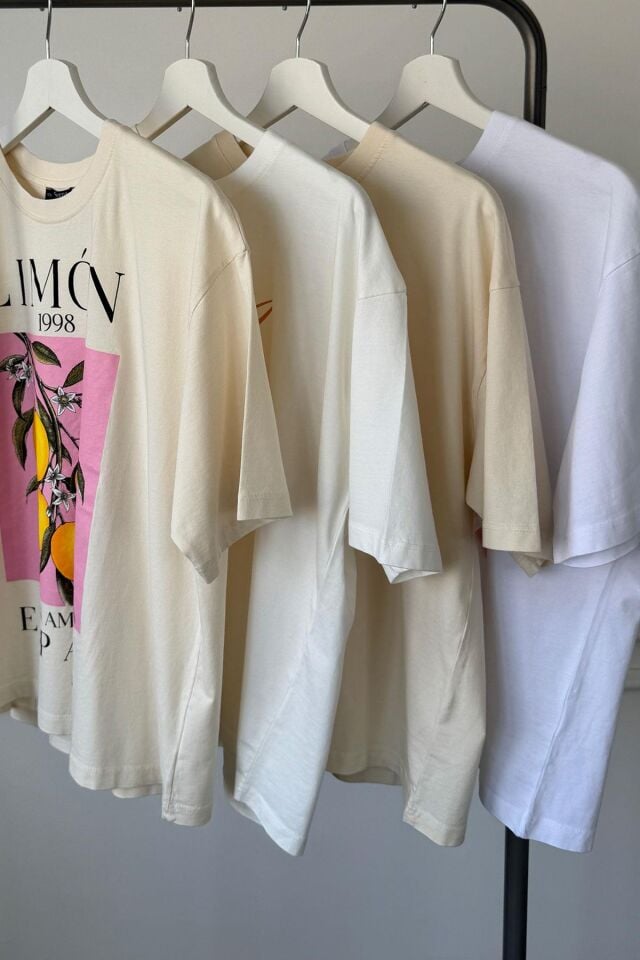 LİMON BASKILI OVERSIZE T-SHIRT - BEJ