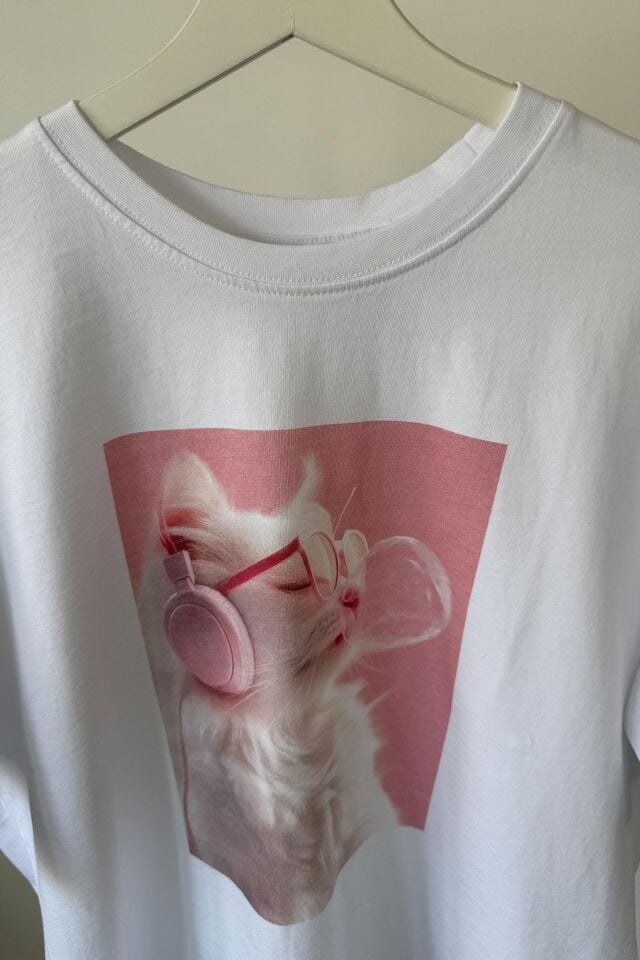 KEDİ BASKILI T-SHIRT - BEYAZ